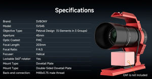 SVBONY SV545 Petzval Refractor 45/203mm f/4.5 [W9317B] 